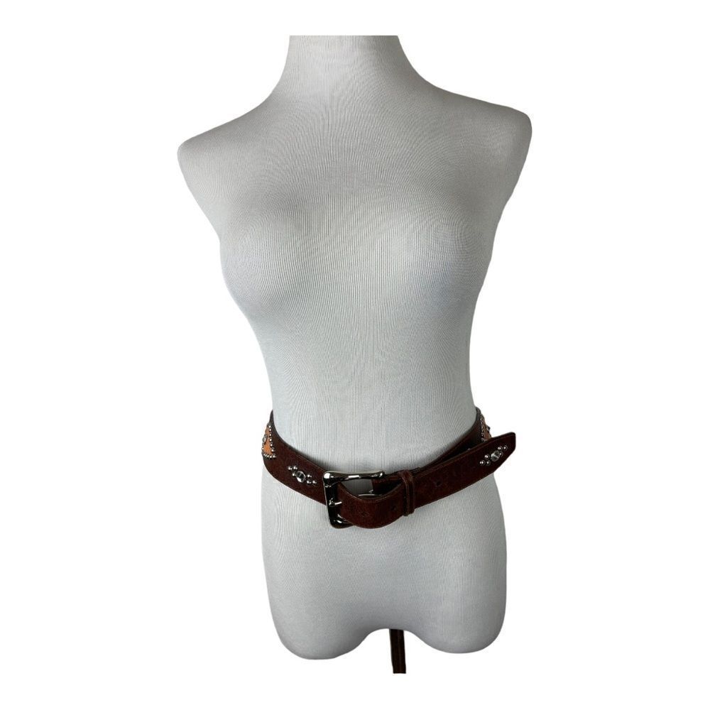 GUESS Brown Leather Belt Studs Rhinestones Western Cowgirl Boho Size L